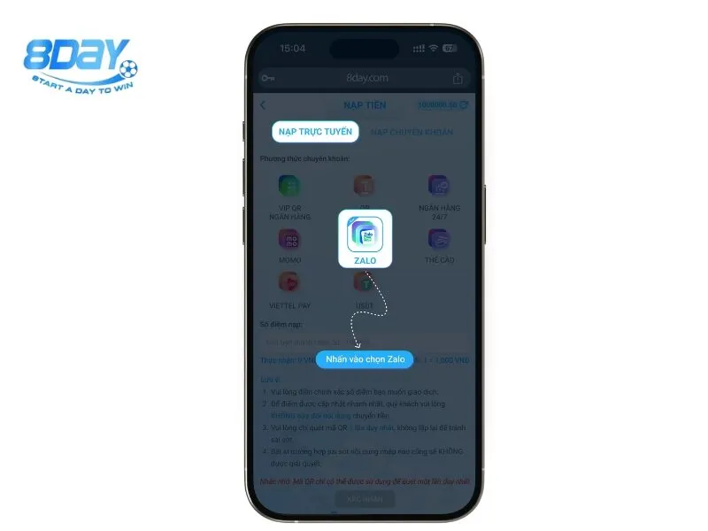 Hướng dẫn nạp tiền 8day bằng điện thoại cho cược thủ