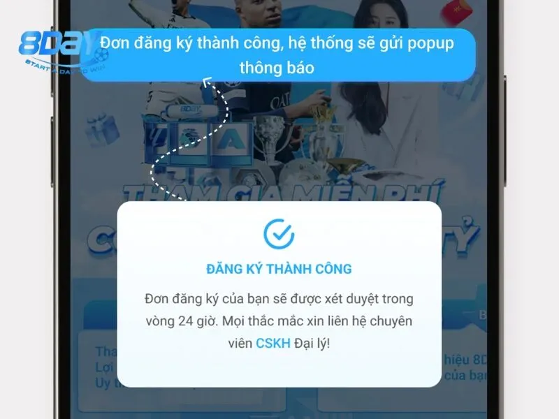 Xác nhận đăng ký đại lý 8day thành công